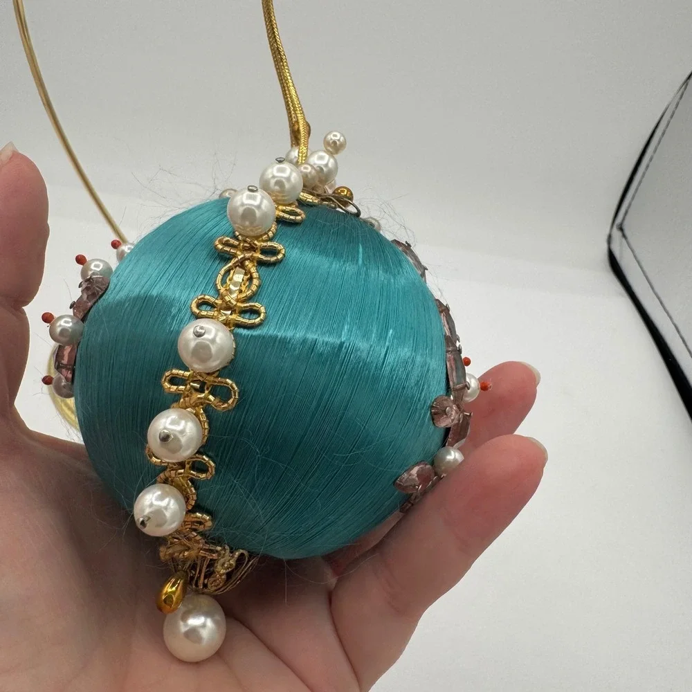 Vintage Teal Satin Beaded Christmas Ornaments Faux Pearl Gold Leaf Set of 2